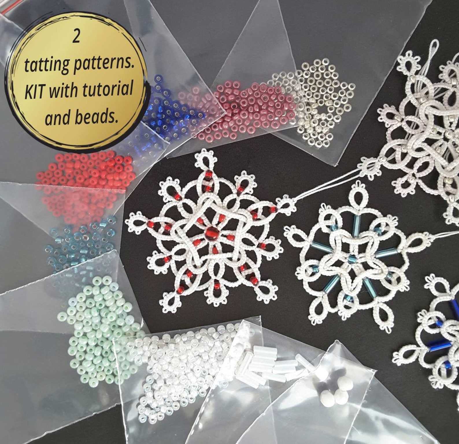 Set of 2 shuttle tatting patterns with tutorial and beads. Kit Etsy