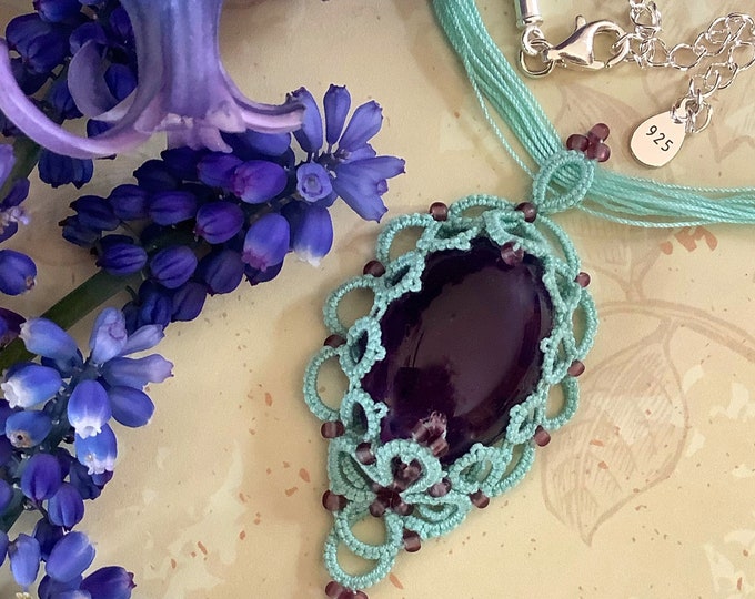 Amethyst birthstone pendant in light green beaded lace. Cotton tatting necklace with purple gemstone and beads. Birthday, anniversary gift.