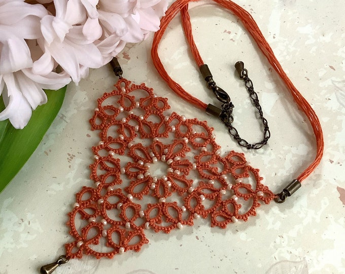 Burnt orange fabric beaded necklace in cotton lace. Triangular lace necklace with cream glass beads. Elegant gift for her.