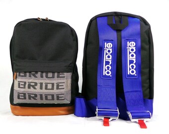 JDM Bride Racing Backpack with Racing Harness Shoulder Straps Super Cool Blue Sparco