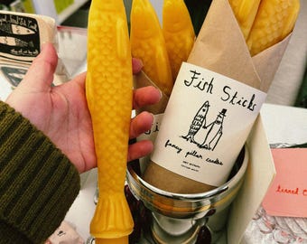 FISH STICKS - Fish Shaped, Beeswax, Taper Candles, Sardine Candle, Tinned Fish