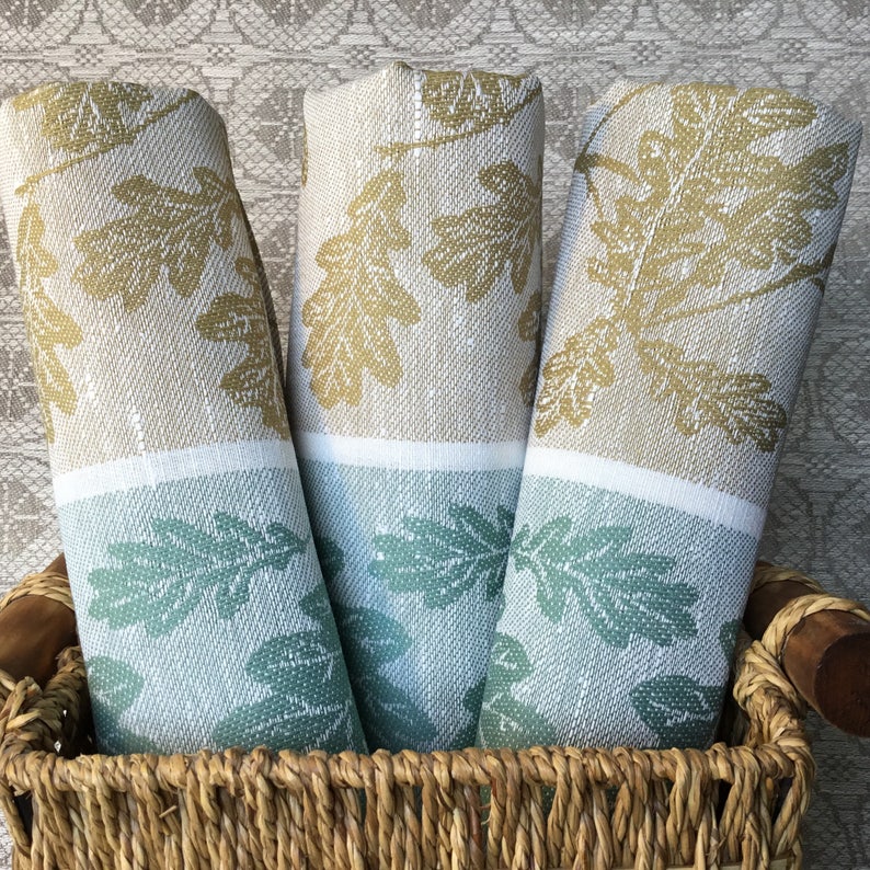 Green Jacquard Linen towel Dish Cloth Oak leaf Ecochic Etsy