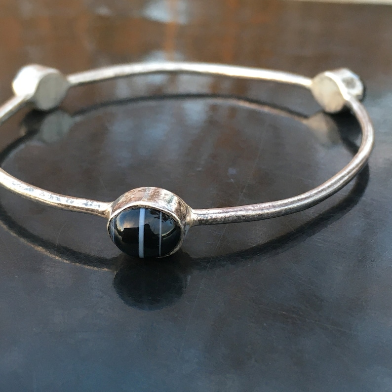 Vintage banded agate silver bangle bracelet