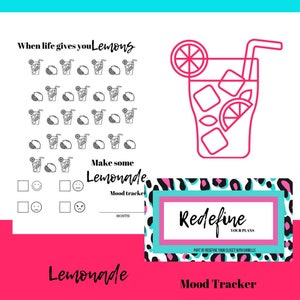 Puede incluir: Un rastreador de humor imprimible con un tema de limonada. El rastreador presenta un vaso de limonada con una pajita y rodajas de limón, junto con una cuadrícula de limones y una sección para rastrear el humor con caras felices, neutrales y tristes.