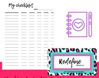 Könnte beinhalten: Eine druckbare Checkliste mit einem pinkfarbenen, schwarzen und weißen Tiermuster. Die Checkliste hat den Text "My checklist" und "My blank checklist" unten. Der Text "Redefine Your Plans" befindet sich in einem türkisfarbenen Kasten mit weißem Rand.