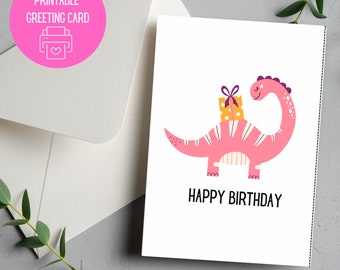 Printable Greeting Card- Happy Birthday Dinosaur- Dino birthday card- print greetings- instant download- last minute greeting card