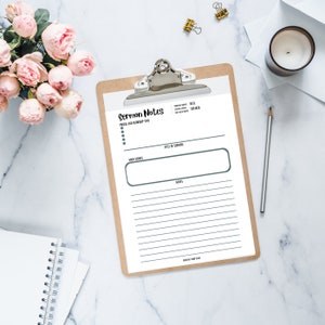 May include: A clipboard with a white paper titled "Sermon Notes" is displayed. The paper has sections for "Praise and Worship Time," "Title of Sermon," "Main Verses," and "Notes." A pencil, a candle, and pink roses are also visible.