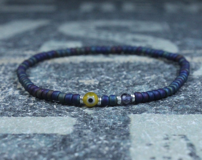 Iolite Bracelet, Mens Bracelet Iolite, Evil Eye Mens Bracelet, Minimalist Iolite Bracelet, Beaded Bracelet, Mens Iolite Bracelet Evil Eye