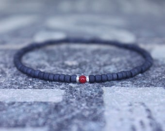 Red Coral Mens Bracelet, Matte Black Seed Beads, Thai Silver