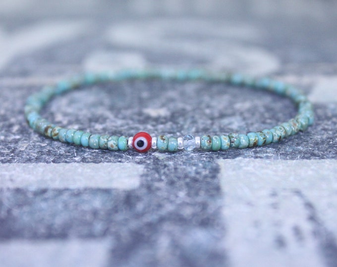 Sky Blue Topaz Bracelet, Birthday Gift, Mens Birthstone, Mens Gift, Mens Bracelet, Minimalist Bracelet, Evil Eye Beaded Bracelet for Men