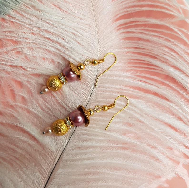 Gold drop earrings Wedding accessories Dangle Gold earrings Flower gold earrings Bridesmaid earrings Rose pearl earrings Stacked