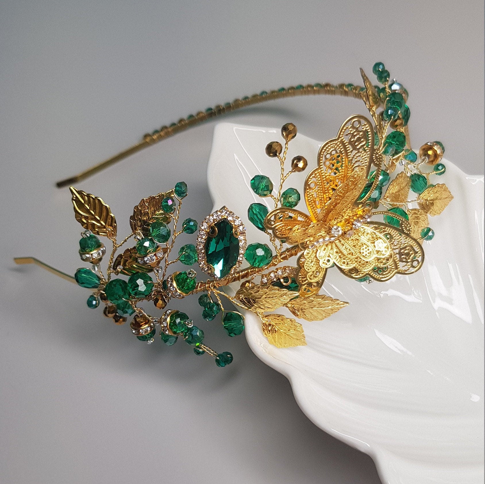 Green Hair Crown Bridal Beaded Tiara Emerald Green Boho | Etsy