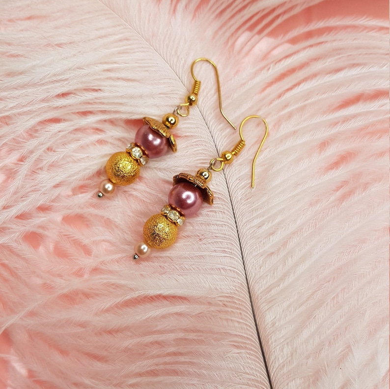 Gold drop earrings Wedding accessories Dangle Gold earrings Flower gold earrings Bridesmaid earrings Rose pearl earrings Stacked