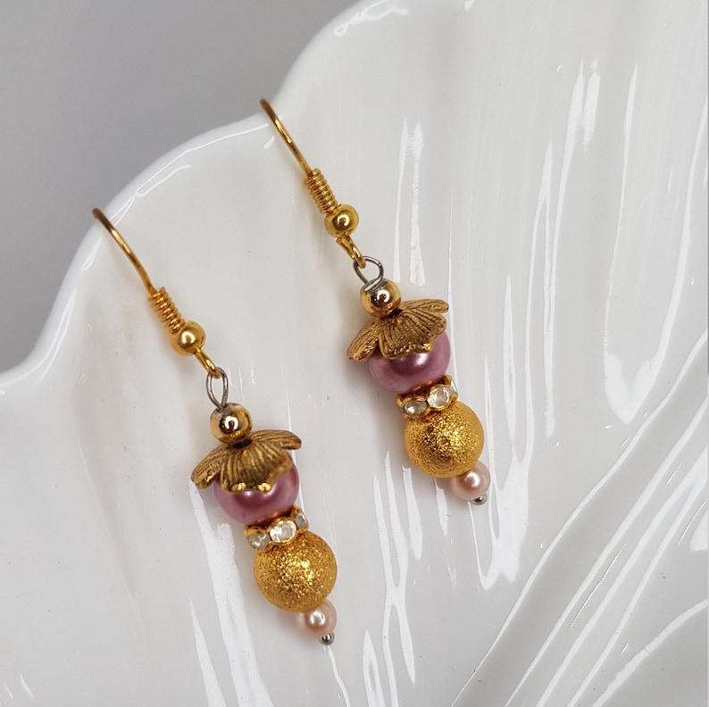Gold drop earrings Wedding accessories Dangle Gold earrings Flower gold earrings Bridesmaid earrings Rose pearl earrings Stacked