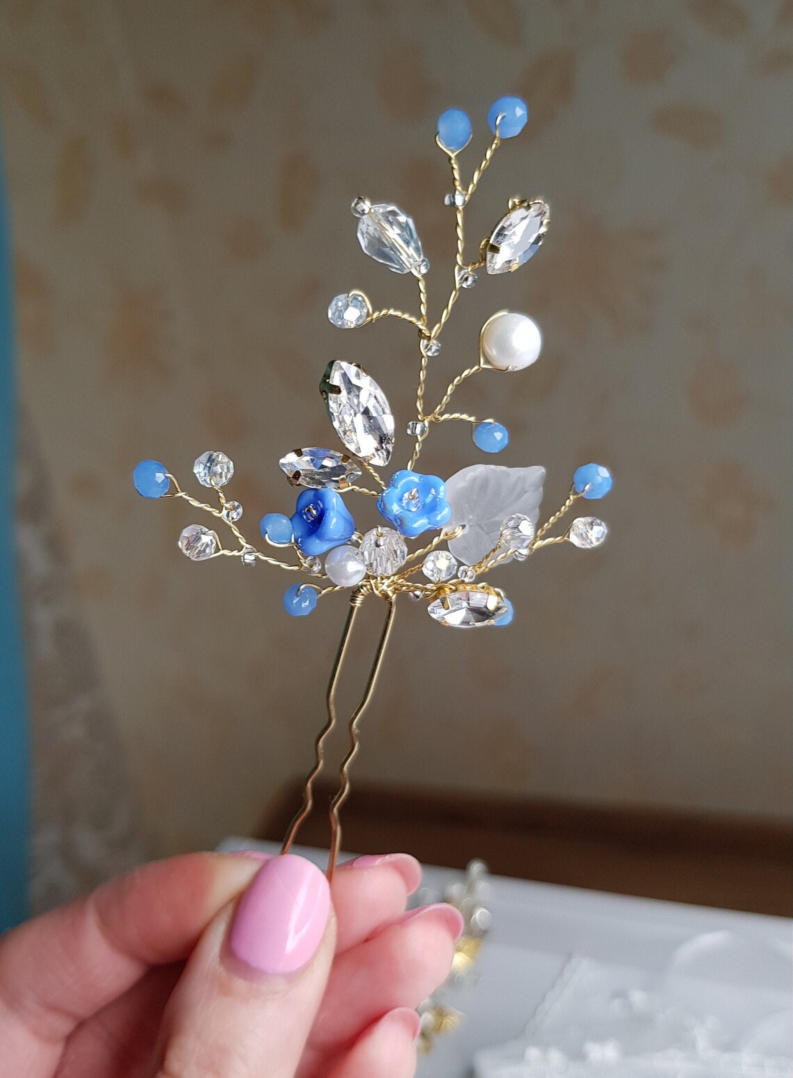 Blue hair pin Bridal hair piece Wedding hair piece Crystal Etsy
