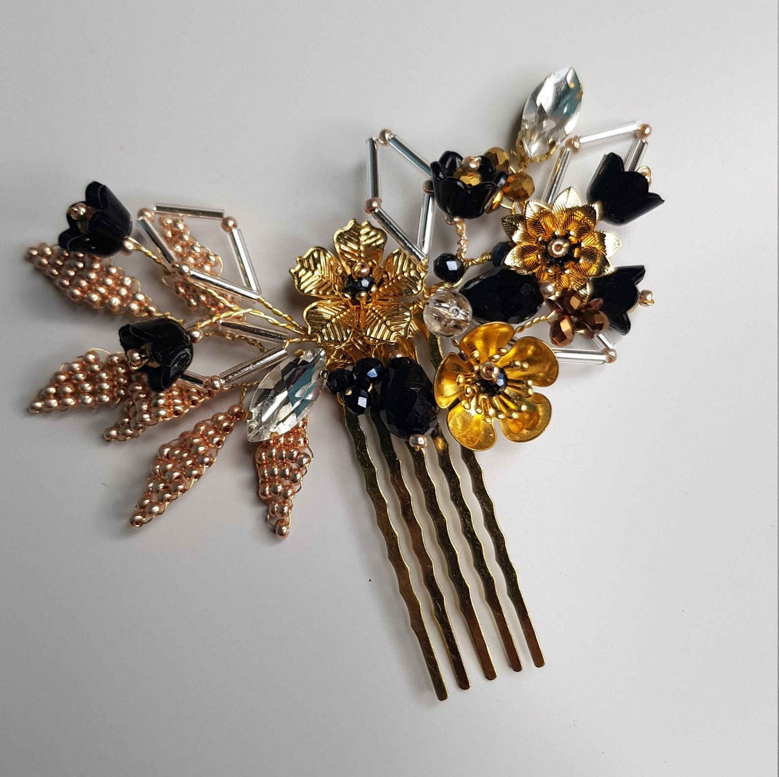 Gold and black hairpiece black hair pinsblack crystal Etsy