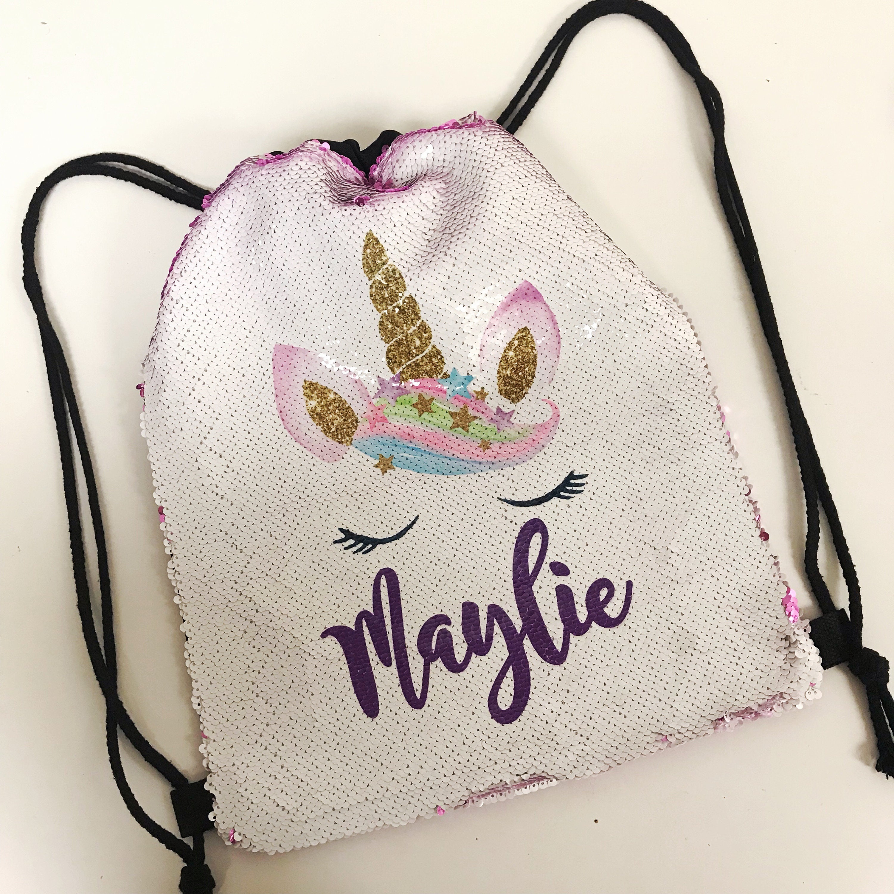 personalized unicorn drawstring sequin backpack