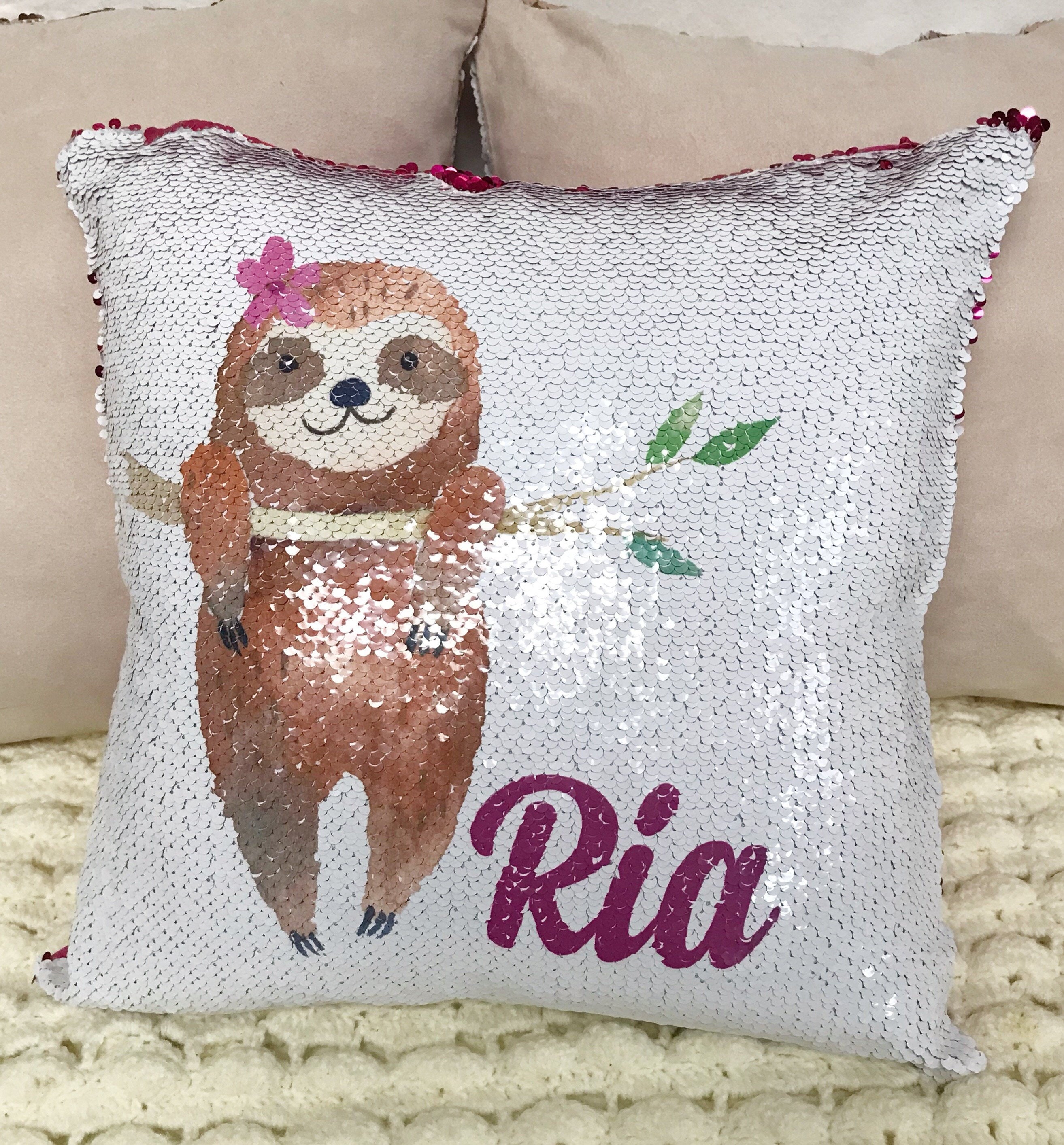 sloth sequin pillow