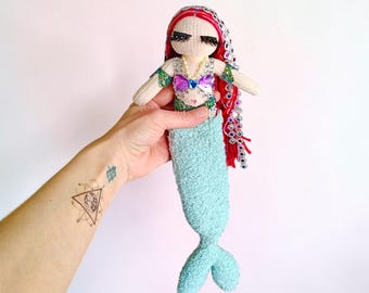 Soft Sculpture Mermaid Sock Doll – Handmade OOAK Art Doll – Farrah Finn Meggie Jeans