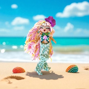 Mini Meggies Mermaid Doll – Handmade Plush Mermaid Toy – Ocean Coastal Decor – Fantasy Mermaid Collectible – Unique Gift for Ocean Lovers