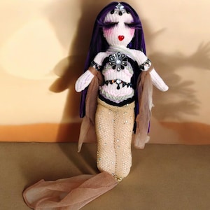 Handmade Magical Mermaid Doll Sock Plushie with Fishnet Fin, Long Purple Silky Yarn Hair Mermaid Doll, Unique Mermaid Doll Gift for Her
