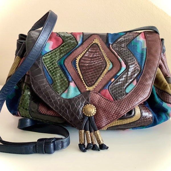 Vintage 80s Sharif Leather Suede Snakeskin & Ikat Fabric Multicolour Flap Bag w/ Adjustable Strap