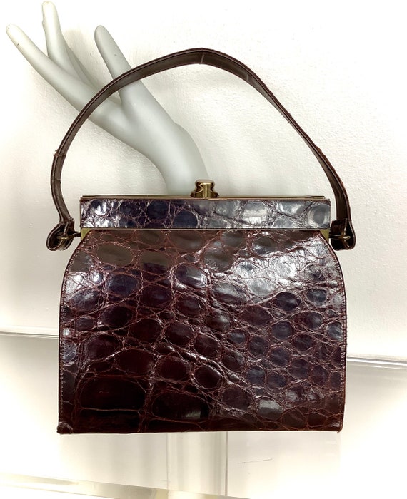 Vintage Midcentury Red Brown Alligator Leather Vas