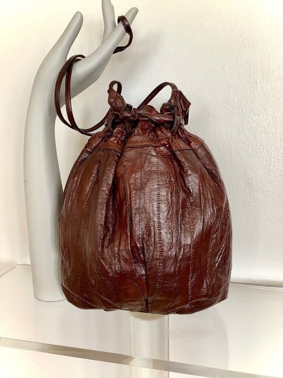 Vintage 1980s Eel Skin Drawstring Pouch in Red Bro