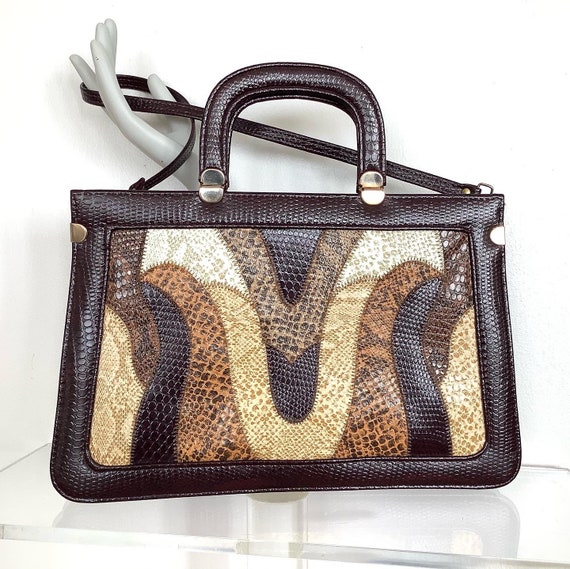 Vintage 1970s Briefcase Bag in Faux Snake Reptile