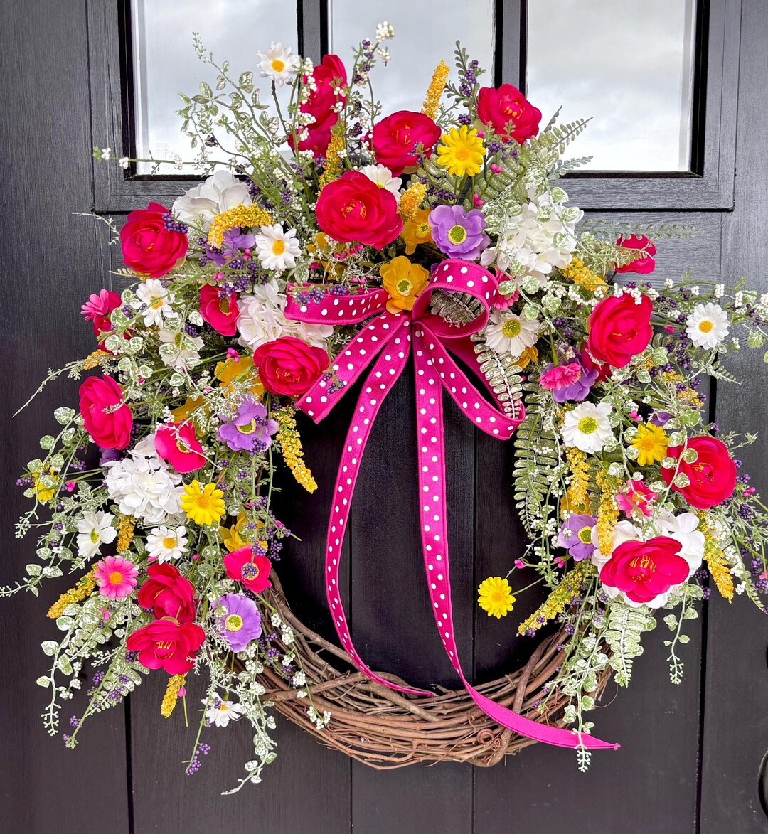 Wildflower Grapevine Wreath | Spring Summer Floral Garden Door Decor - Etsy