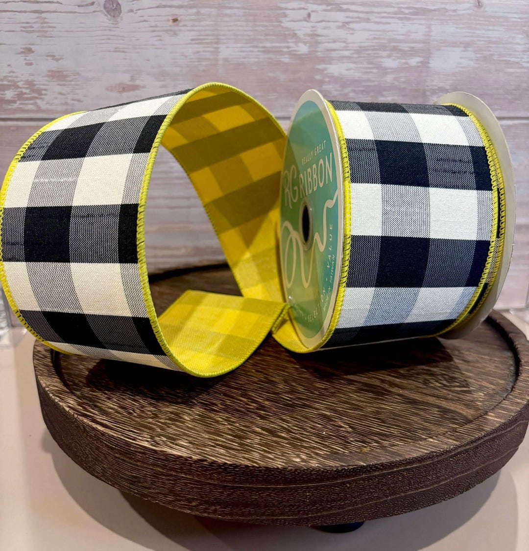 Black & White Buffalo Check Wired Ribbon With Yellow Backing - Etsy