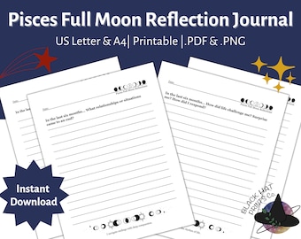 Op de afbeelding: Printbare Pisces Volle Maan Reflectie Journal in US Letter en A4 formaten. Het journal heeft een zwart-wit maanfasen ontwerp en prompts voor reflectie over de afgelopen zes maanden. Het journal is beschikbaar als PDF en PNG bestand.