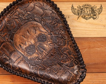 Custom Motorcycle Bobber Seat - Black Unique Tooled Leather Motorcycle Bobber Seat Steampunk Seat With Skull Carving