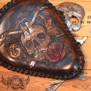 Custom Motorcycle Bobber Seat - Black And Brown Unique Tooled Leather Motorcycle Bobber Seat With Skull And Rose