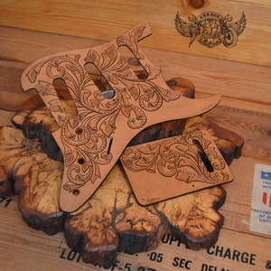 Custom Pickguard for Stratocaster With Tremolo Cover - Leather Custom Pickguard With Carved Floral Design And Antique Finish