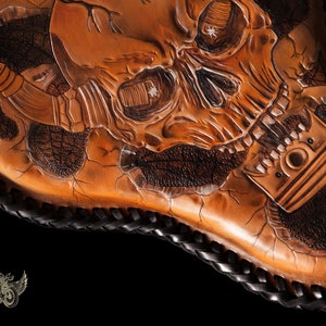 Custom Motorcycle Bobber Seat - Brown And Black Unique Tooled Leather Motorcycle Bobber Seat With Skull And Piston