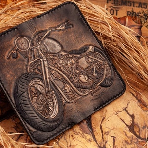 Cartera de cadena de cuero biker tallada para hombre / cartera bifold / cartera de cuero largo