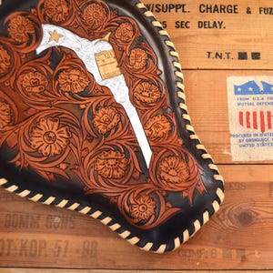 Custom Motorcycle Bobber Seat - Unique Western Tooled Leather Motorcycle Bobber Seat With Tooled Western Floral Design And Revolver