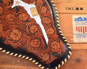 Custom Motorcycle Bobber Seat - Unique Western Tooled Leather Motorcycle Bobber Seat With Tooled Western Floral Design And Revolver