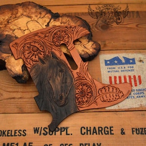 Custom Pickguard for Telecaster - Western Leather Telecaster Pickguard With Sheridan Floral Carving And A Black Horse