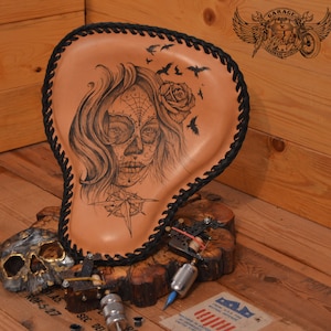 Custom Motorcycle Bobber Seat - Unique Tattooed Leather Motorcycle Bobber Seat With Tattooed Sugar Skull and a Rose