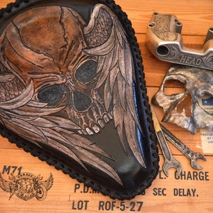 Custom Motorcycle Bobber Seat - Unique Tooled Leather Motorcycle Bobber Seat With Tooled Skull With Wings