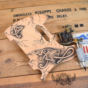 Custom Pickguard for Telecaster - Old School Unique Leather Telecaster Pickguard With Tattooed Wolf And Celtic Motifs