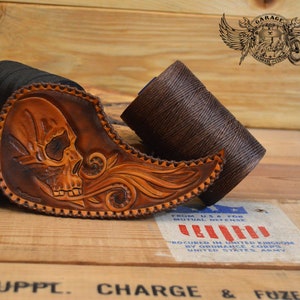 Acoustic Guitar Pickguard - Brown Leather Teardrop Pickguard For Acoustic Guitar With Tooled Skull And Floral Design