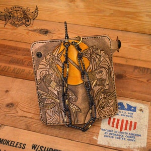 Billetera de cuero biker tallada para hombres / Billetera con cadena / Billetera de cuero para hombres / Billetera tallada / Billetera larga bifold para hombres