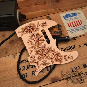 Custom Pickguard for Telecaster- Burned Leather Telecaster Pickguard With Pyrography Done Roses And Leaves