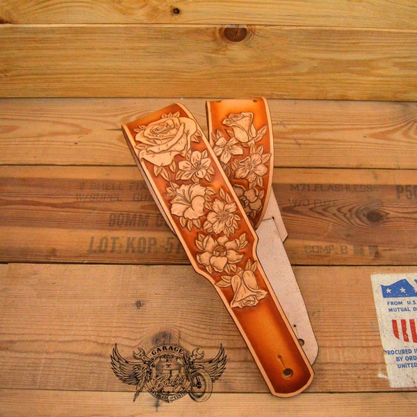 Custom Guitar Strap - Adjustable Leather Personalized Guitar Strap In Tan With Floral Tooling For Electric Or Acoustic Guitar