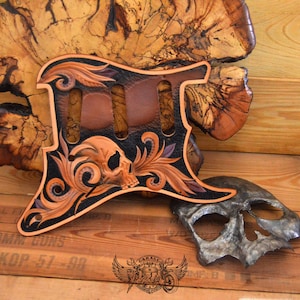 Custom Pickguard for Stratocaster - Leather Purple and Black Unique Stratocaster Pickguard With Carved Skull And Floral Design
