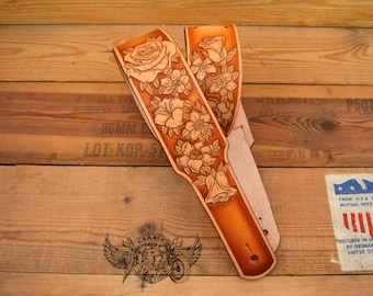 Custom Guitar Strap - Adjustable Leather Personalized Guitar Strap In Tan With Floral Tooling For Electric Or Acoustic Guitar