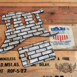 Custom Pickguard for Stratocaster With Tremolo Cover - White Leather Unique Stratocaster Pickguard With Carved White Brick Wall